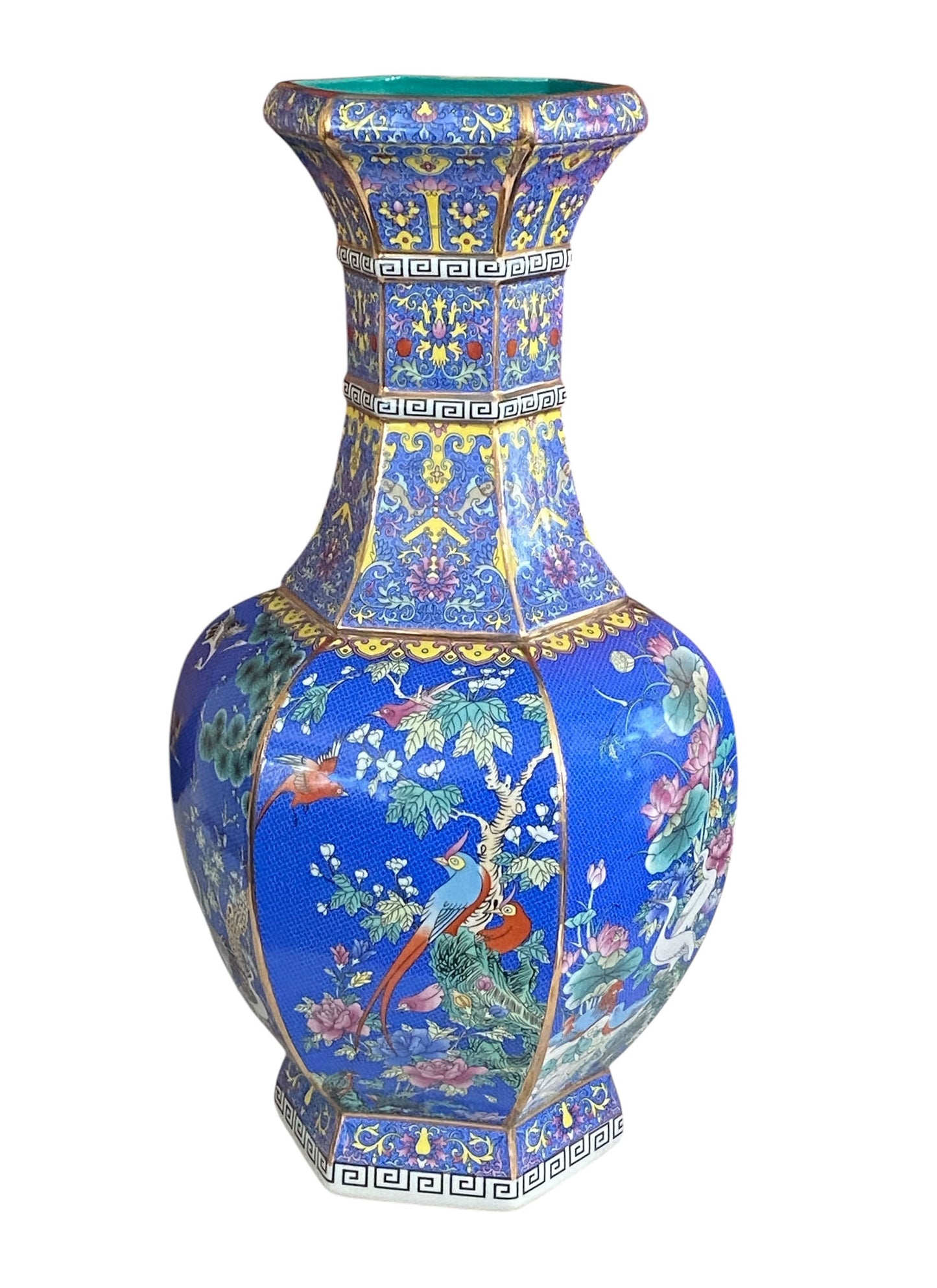 #3684 Chinoiserie Famille Rose Style  Hexagonal Shaped Vase 20.5" H