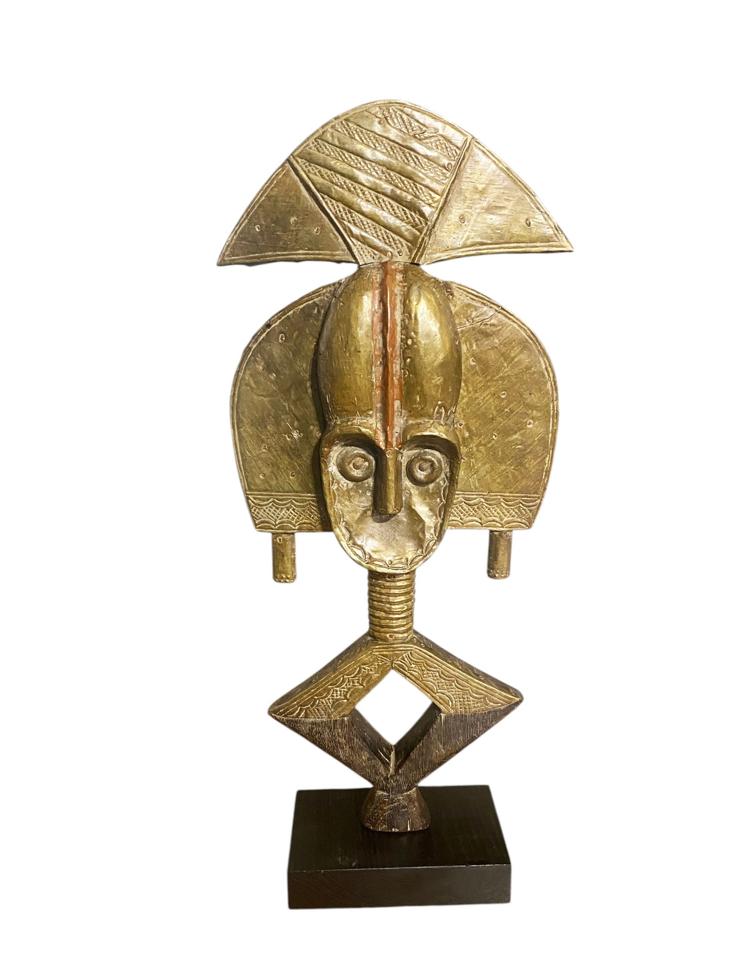 #1174 VTG Bakota Brass and wood  Sculpture w/Stand 23" H