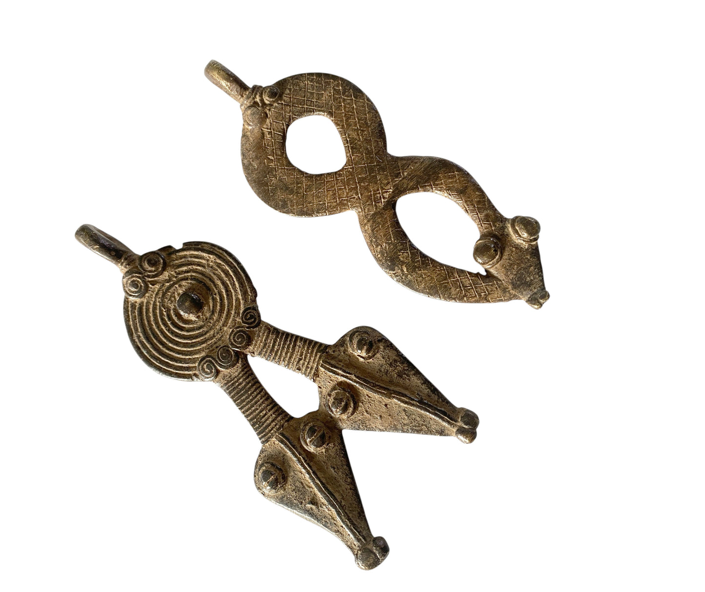 #1185 Vtg  Gan Bronze Amulets Pendants/gold Weight /Ornate Serpents Burkina Faso S/2