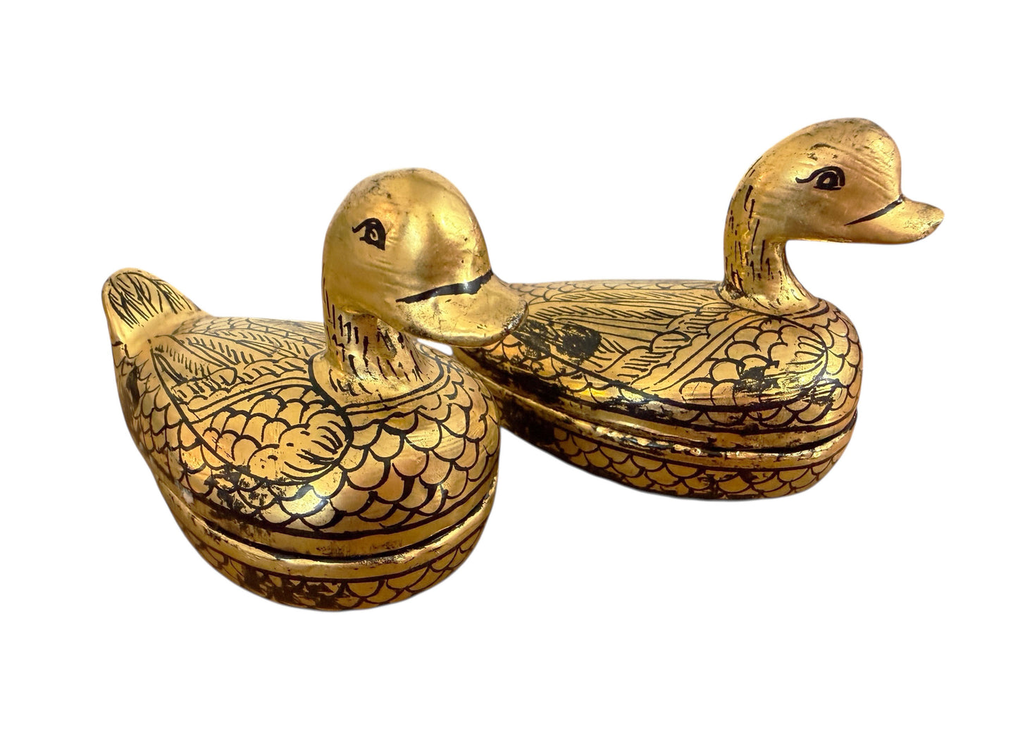 #632 Vintage Burmese Gold Painted Wood Lacquered Ducks Trinket Boxes S/2