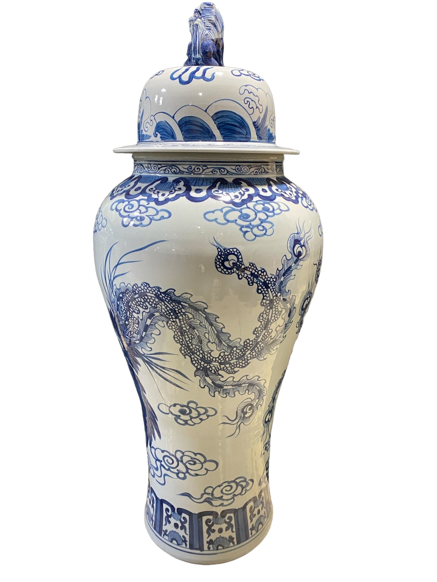 #7205  Mansion Size Chinoiserie Ginger Peacocks Jar 44" H