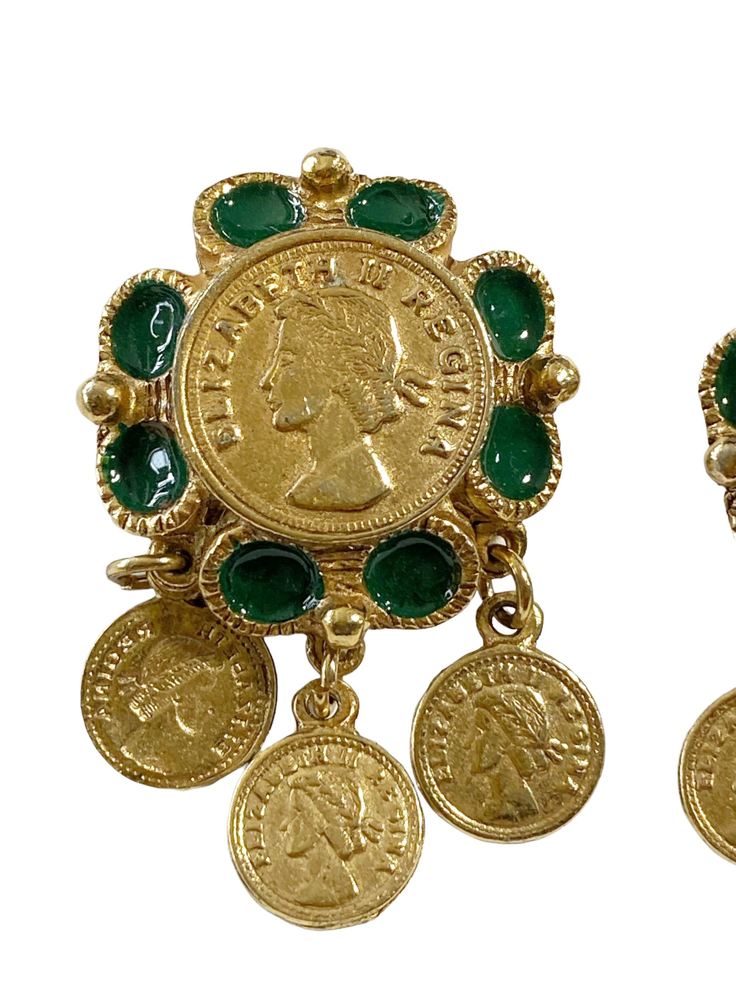 #7228 Vintage Queen Elizabeth II Regina Gold Tone Coins Green Enamel Earrings