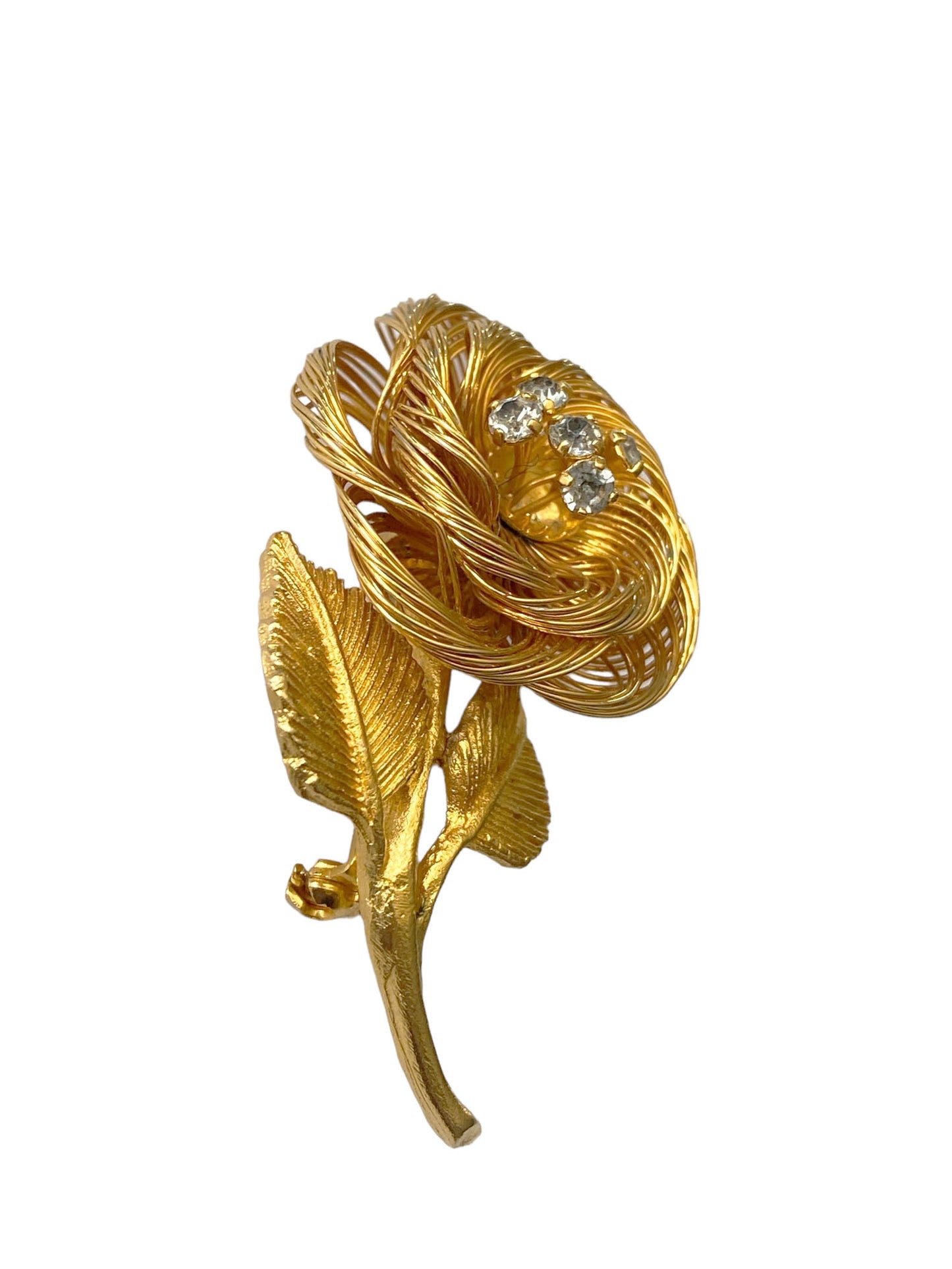 #7231  Vintage Gold Tone Twisted Wire Rose Pin /Brooch 2" H