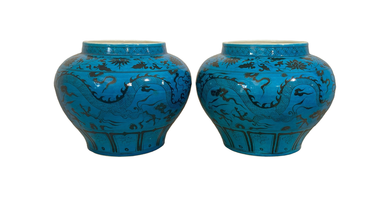 #4819 /6163 Chinese Turquoise Yuan Style  Vases/Cachepots W / Flying Dragons  11" H Set of two