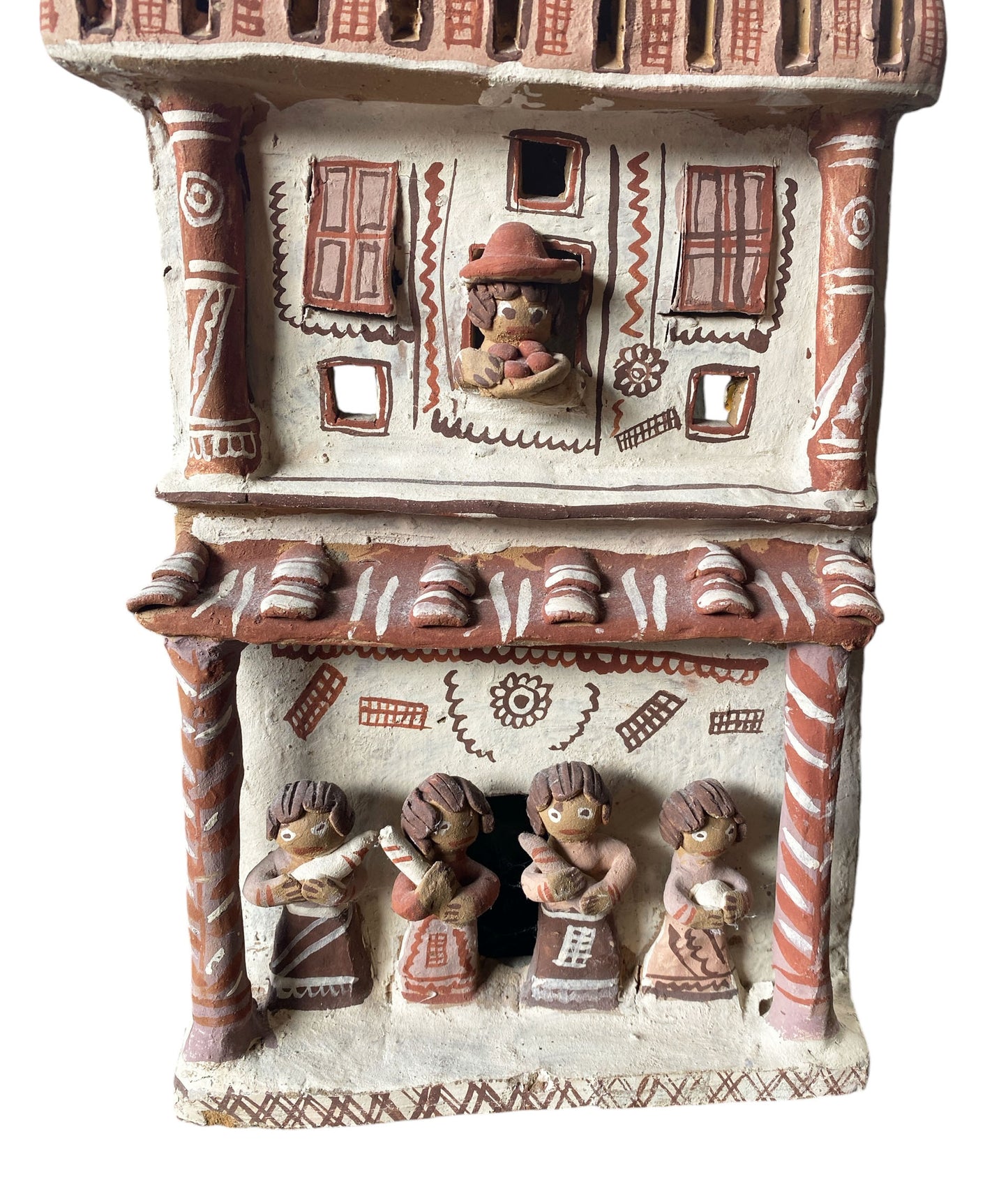 #6239 Vtg Peruvian Ayacucho Red Clay Terra Cotta Village House Building Peru Folk Art 17.5"H