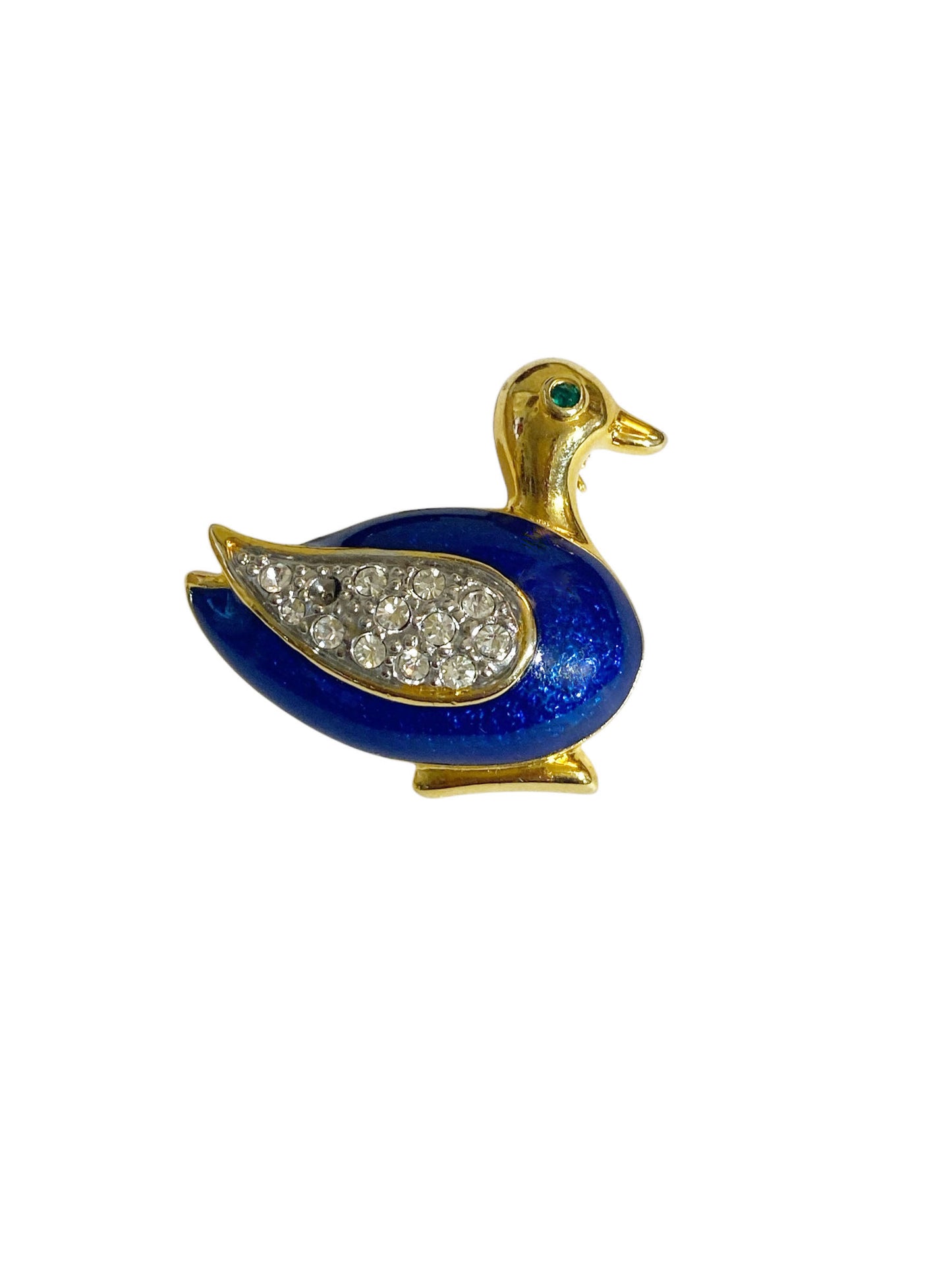 #6310 Vintage Gold Tone Blue enamel Clear Rhinestone Duck Brooch Pin