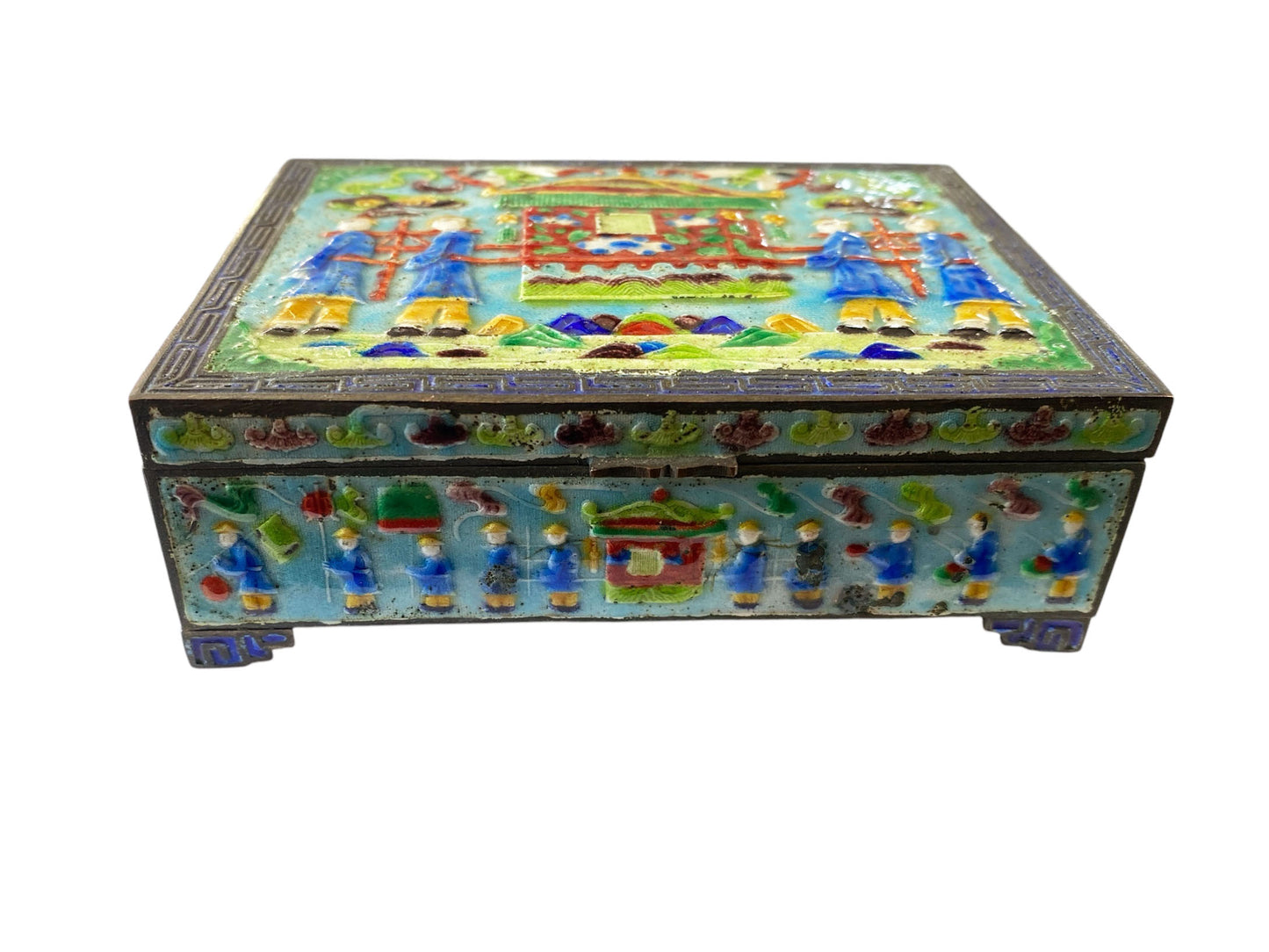 #6317 Antique Chinese Export Enamel  Box W/ Imperial Carriage & Figures