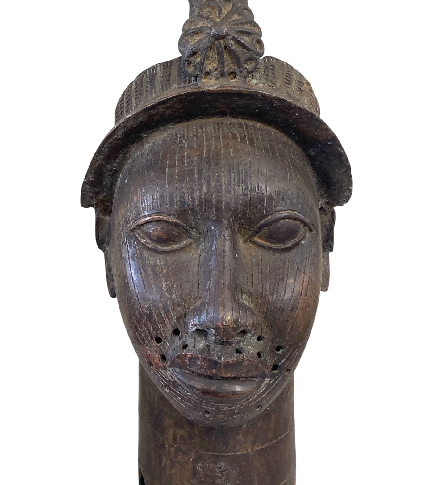 # 969 Superb Lg Benin Bronze Head of Oba Nigeria African 21.5" H
