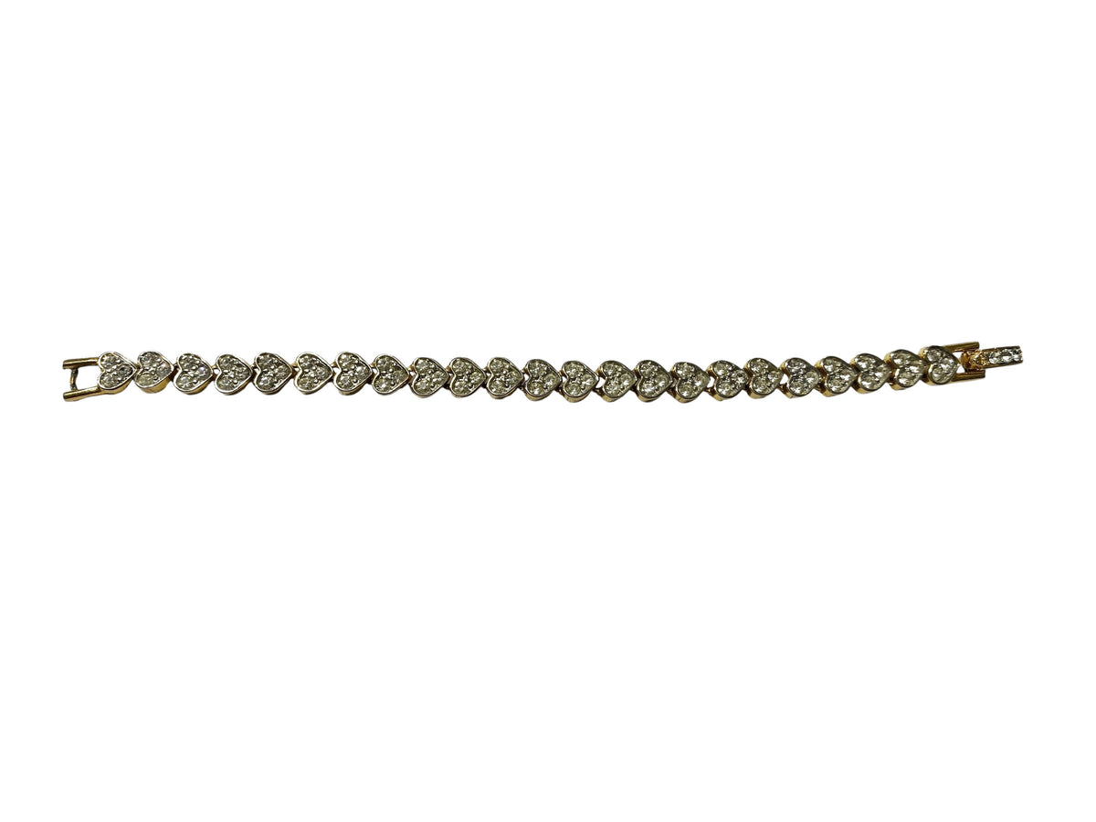 #68 Vintage  Faux Gold Tone  Pave Rhinestone Heart Tennis Bracelet