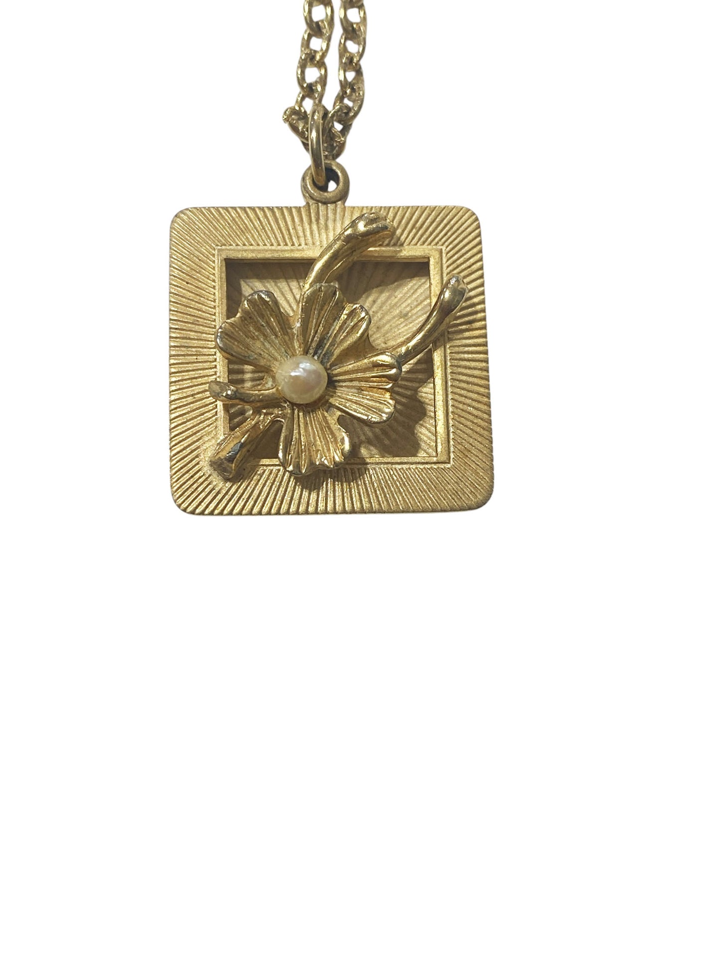 #88 Vintage Gold Tone Square Pendant  and Chain  With Flower