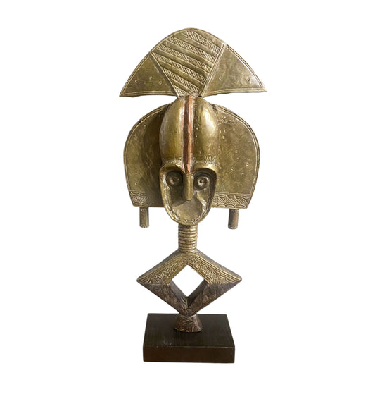 #1174 VTG Bakota Brass and wood  Sculpture w/Stand 23" H