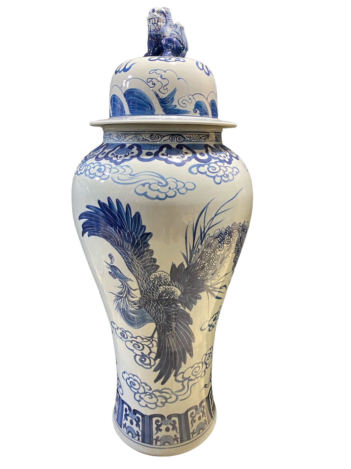 #7205  Mansion Size Chinoiserie Ginger Peacocks Jar 44" H