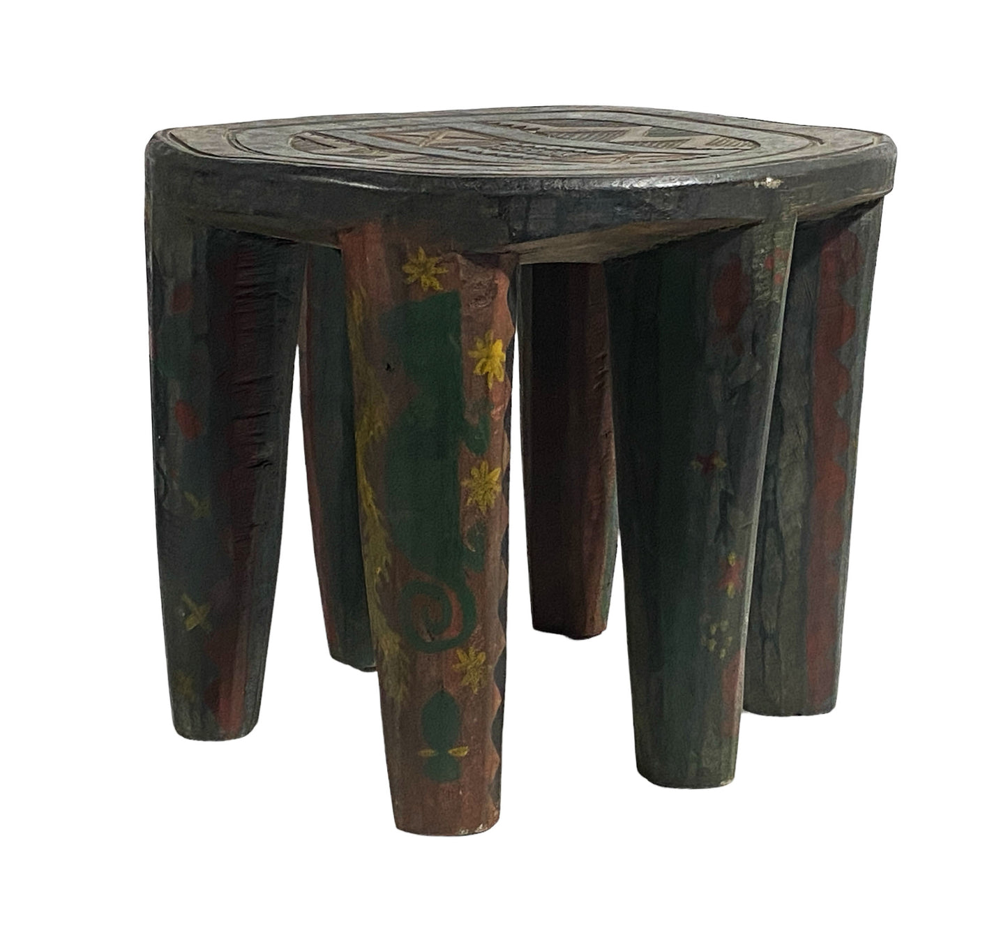 #5546 African LG Colorful  Nupe Stool / Table Nigeria  14" H by 18" W