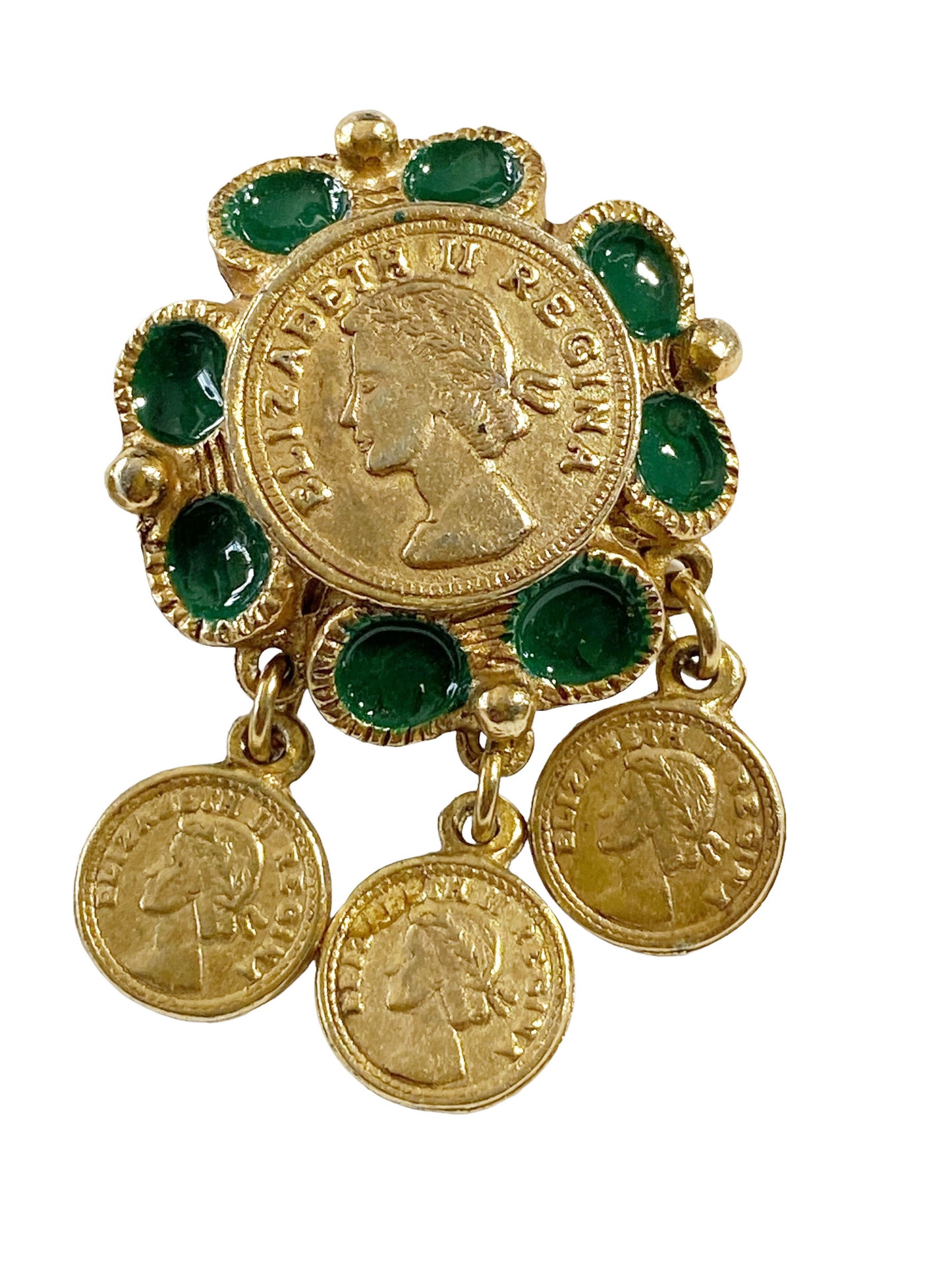 #7228 Vintage Queen Elizabeth II Regina Gold Tone Coins Green Enamel Earrings