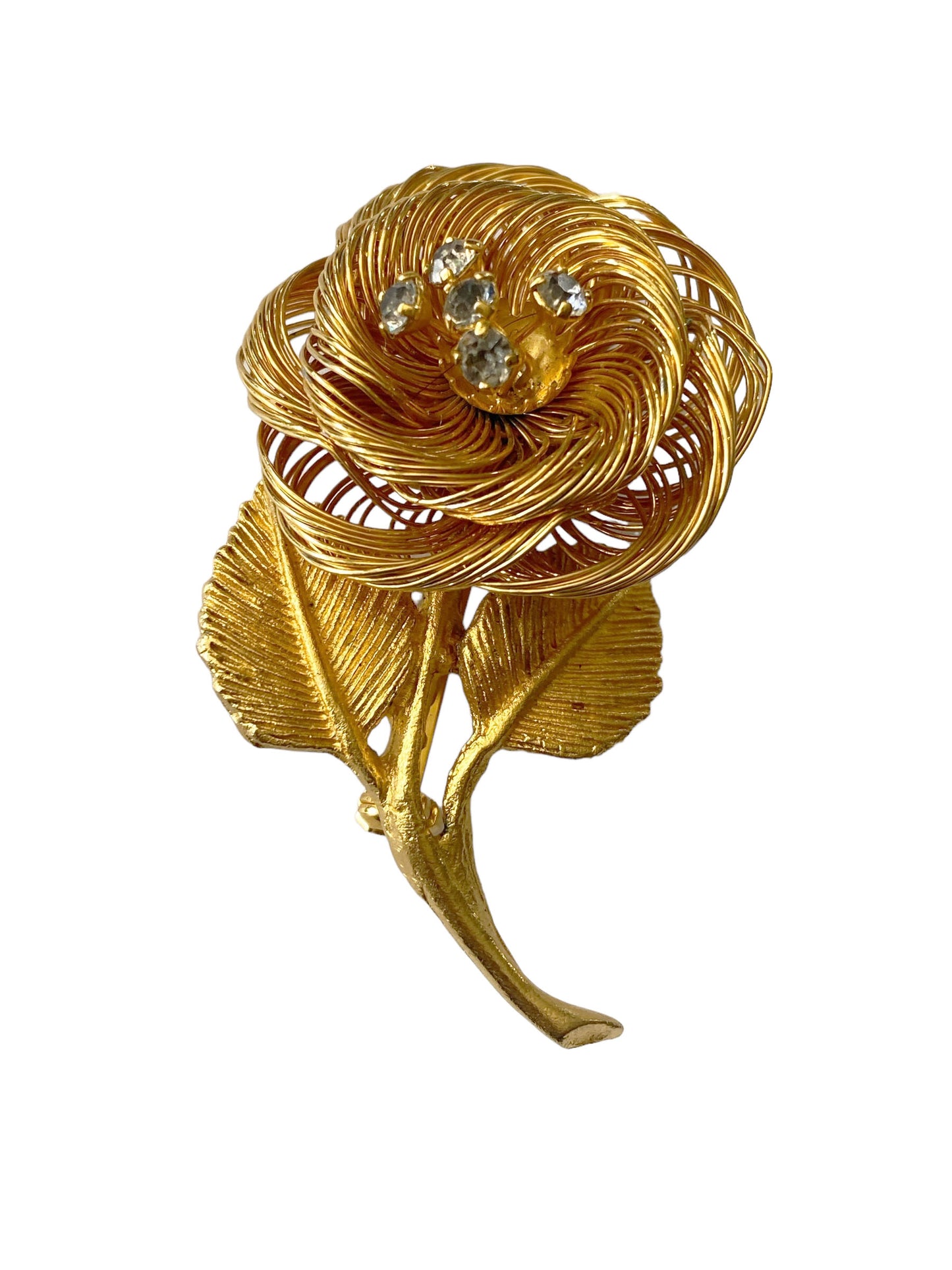 #7231  Vintage Gold Tone Twisted Wire Rose Pin /Brooch 2" H