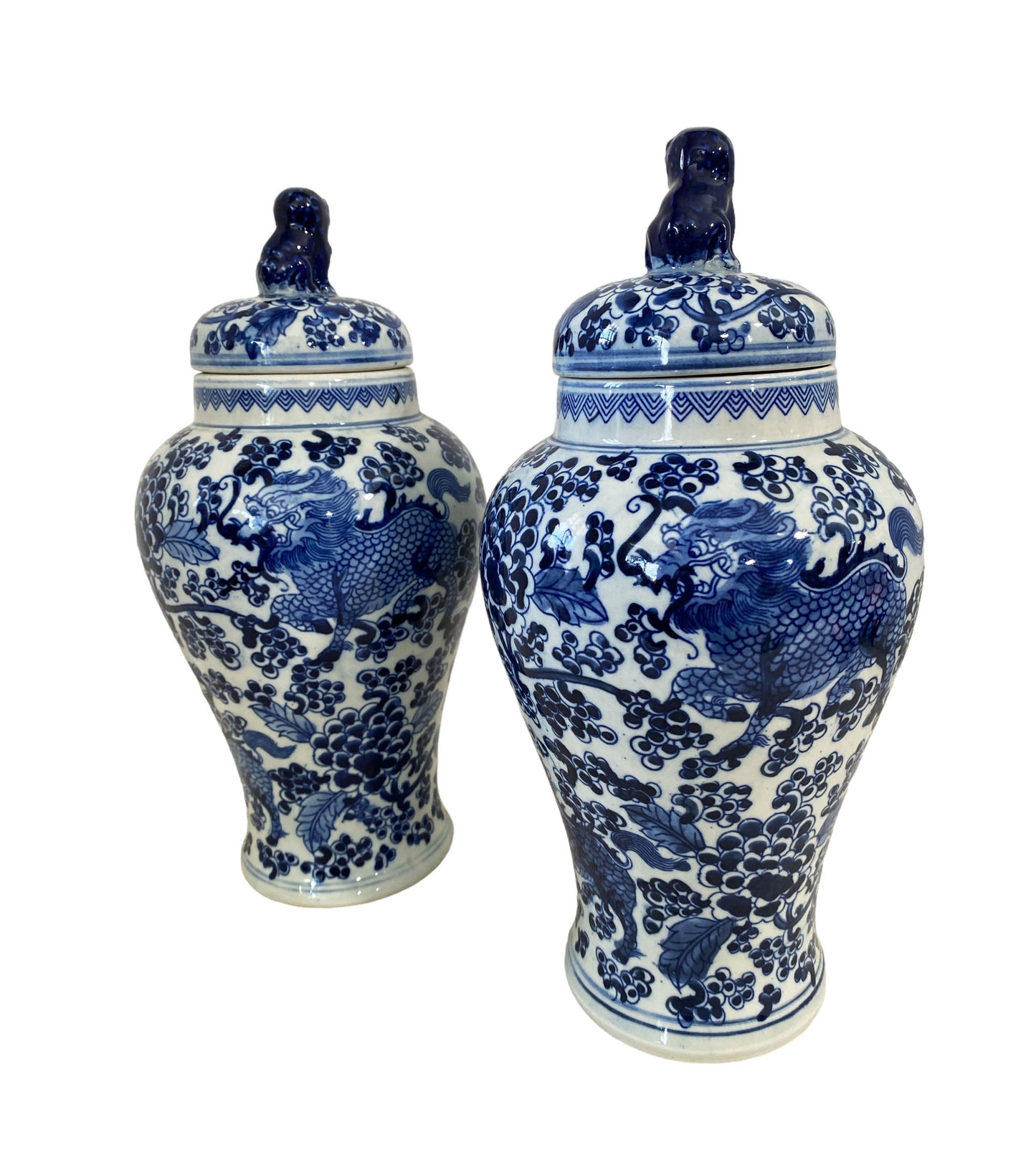 #7257 Chinoiserie Blue and White Porcelain Covered Jars w/ foo Dogs 12.5" H