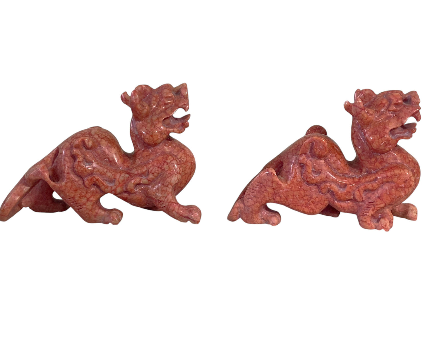 #6221 Vintage Pair of Chinoiserie Coral Soap Stone Foo Dogs  4" H