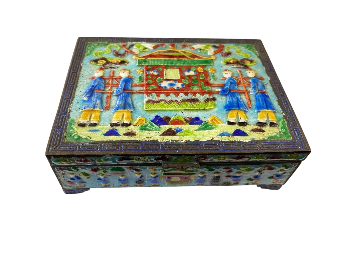 #6317 Antique Chinese Export Enamel  Box W/ Imperial Carriage & Figures