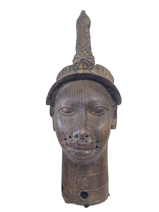 # 969 Superb Lg Benin Bronze Head of Oba Nigeria African 21.5" H
