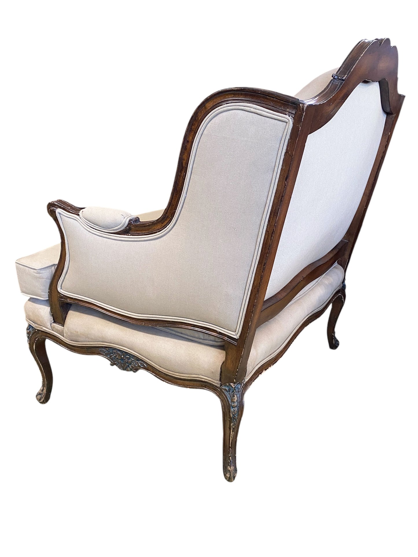 #6607 Vintage French Country Louis XV Style Carved Walnut  Bergere Lounge Chair