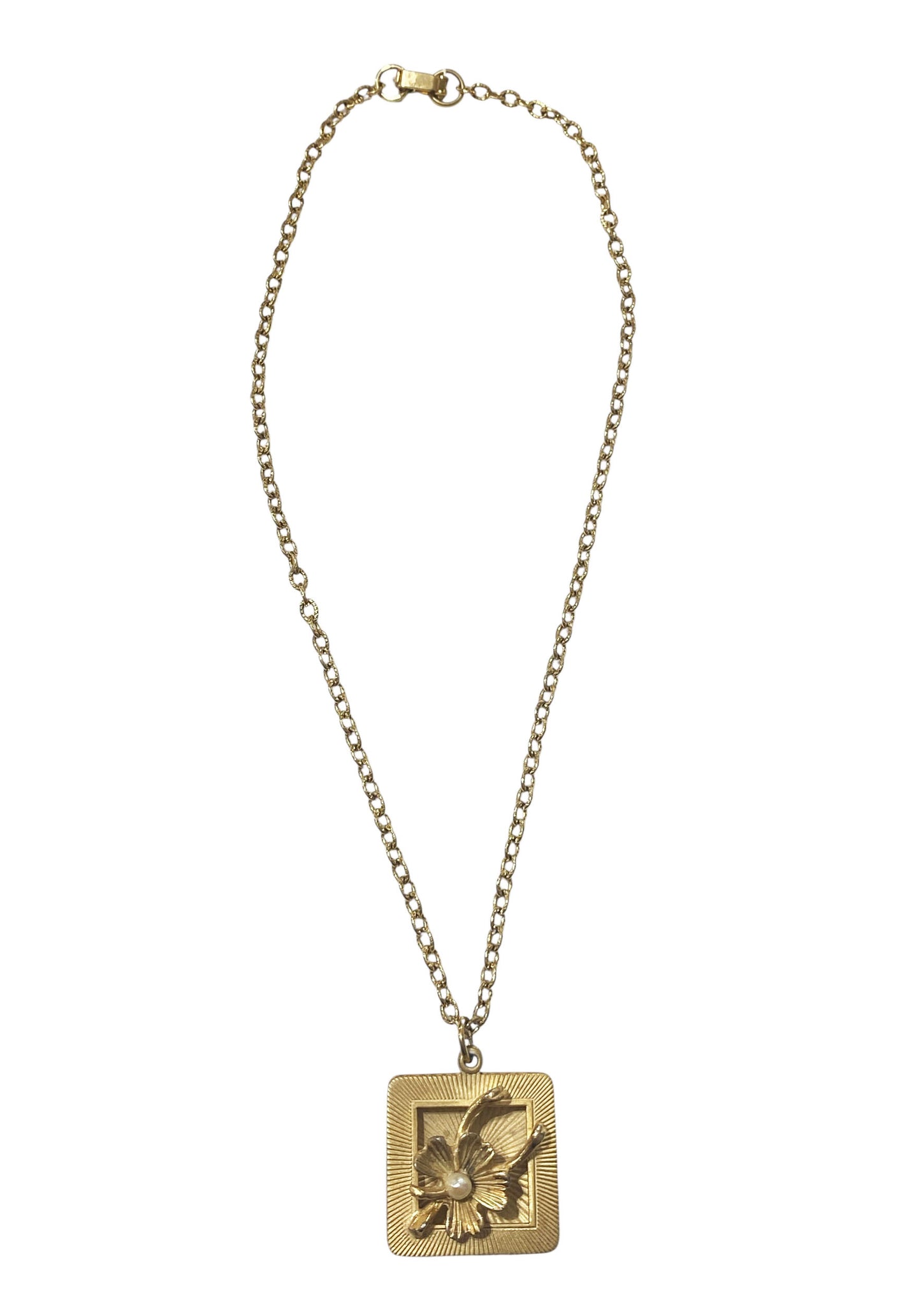 #88 Vintage Gold Tone Square Pendant  and Chain  With Flower