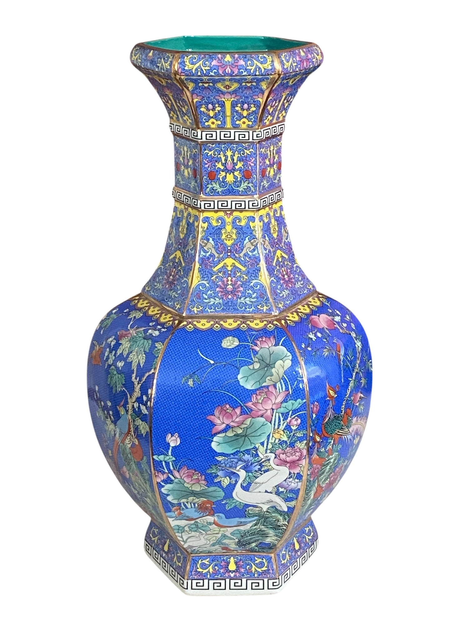 #3684 Chinoiserie Famille Rose Style  Hexagonal Shaped Vase 20.5" H