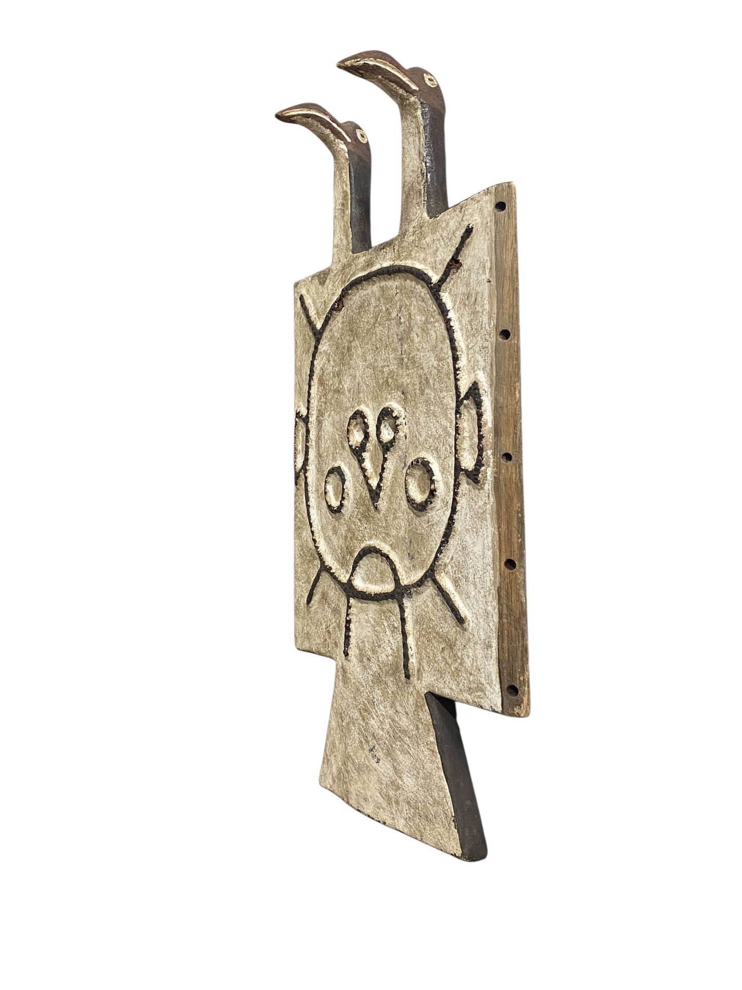 #1177 VTG African Toussian Bird Mask Carved Wood Plank Crest -Burkina Faso 25.5" H