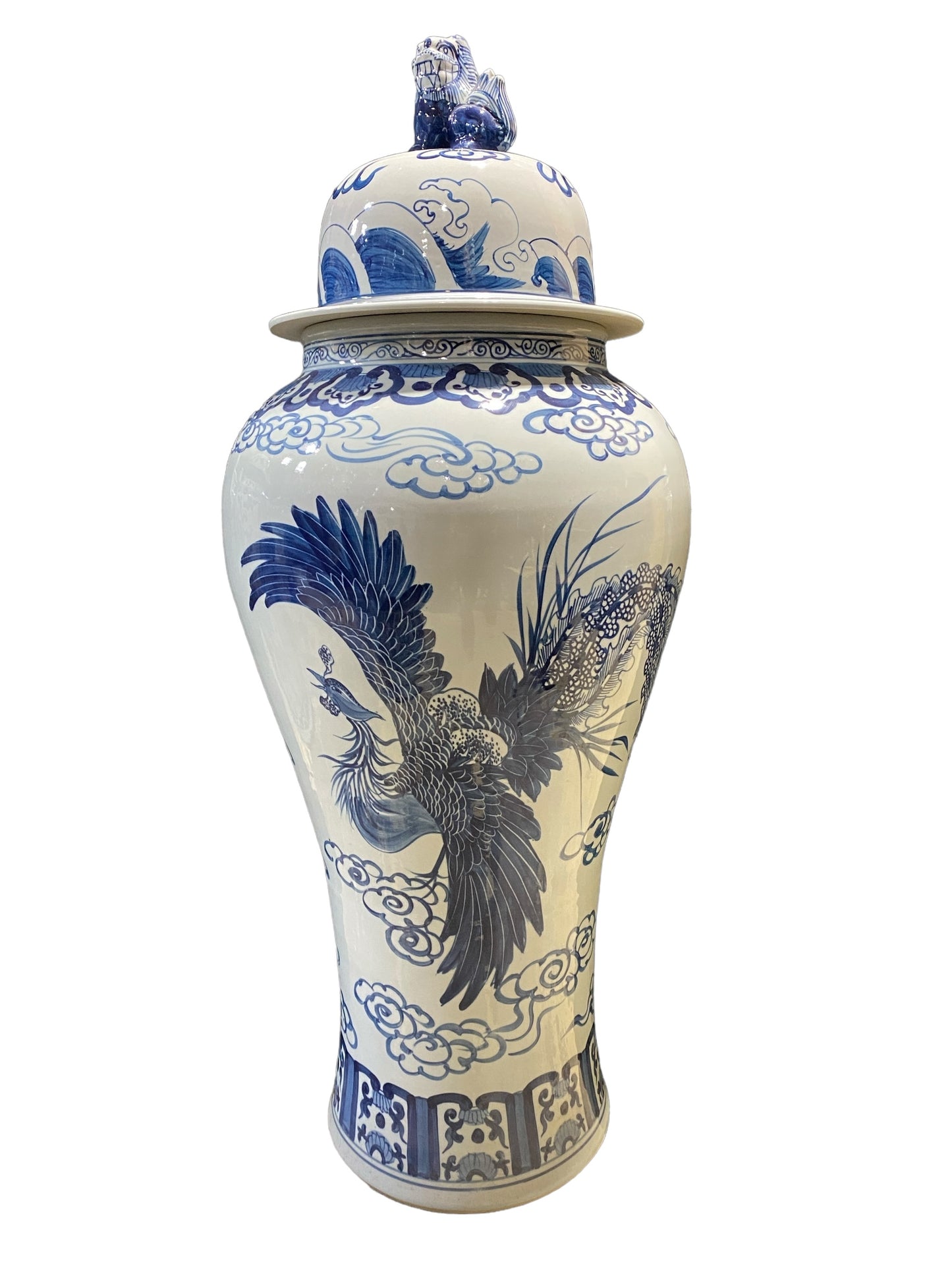 #7205  Mansion Size Chinoiserie Ginger Peacocks Jar 44" H