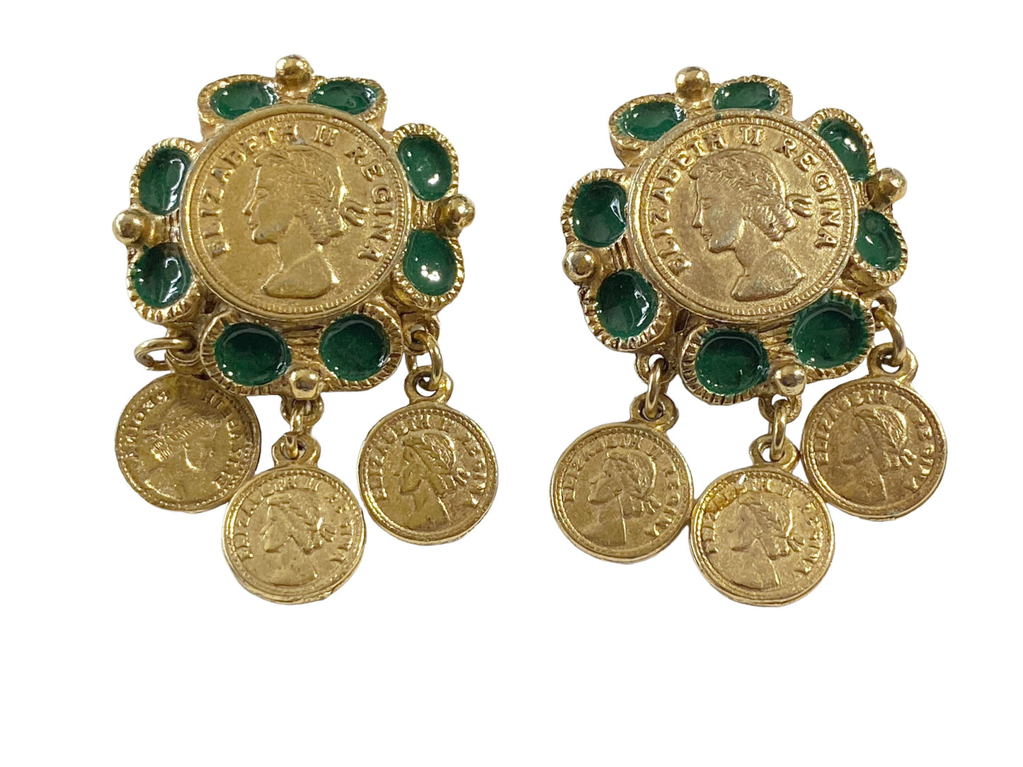 #7228 Vintage Queen Elizabeth II Regina Gold Tone Coins Green Enamel Earrings