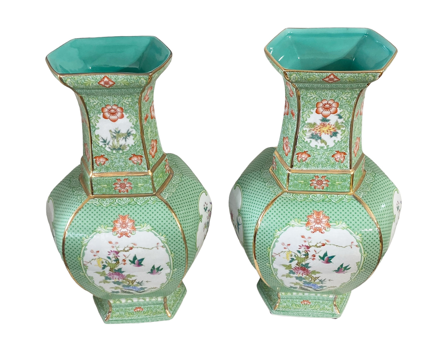 #7245 Chinoiserie Porcelain Famille Verte Style Vases 19.5" H Set Of Two