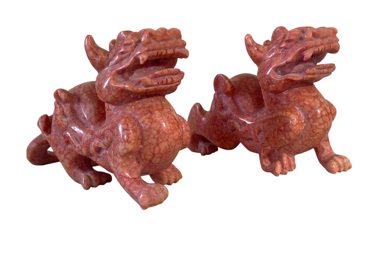 #6221 Vintage Pair of Chinoiserie Coral Soap Stone Foo Dogs  4" H