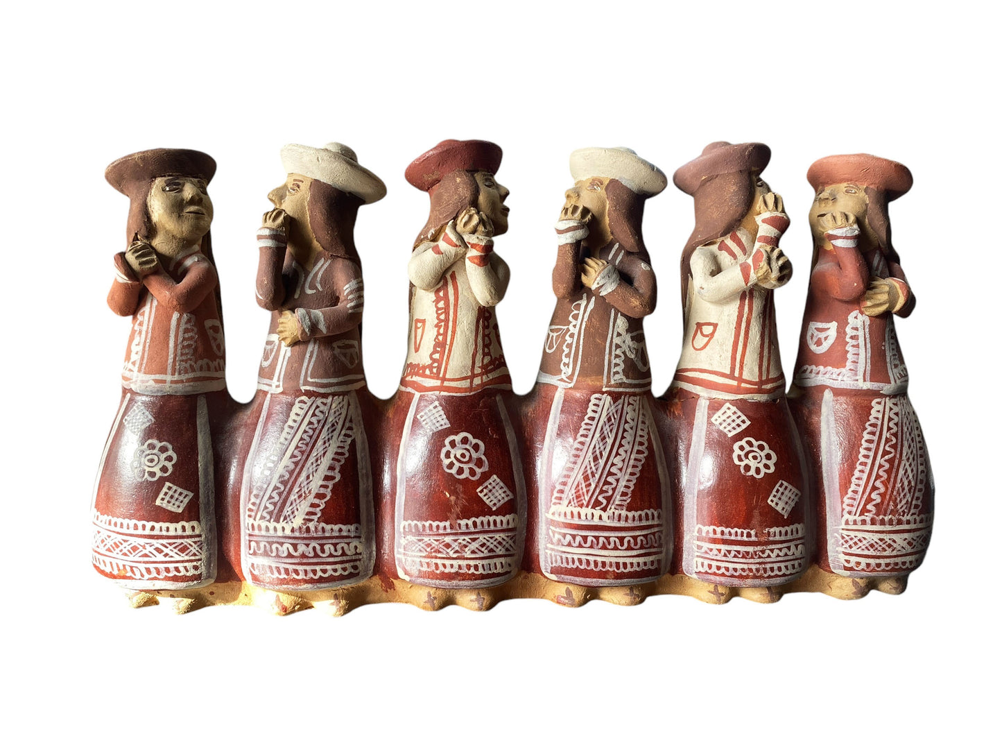 #6238  Peruvian Folk six Women Figures Whistle Terra Cotta Pottery 12" w