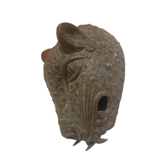 #3819 Vintage LG  Benin bronze Leopard head Nigeria African 13" H