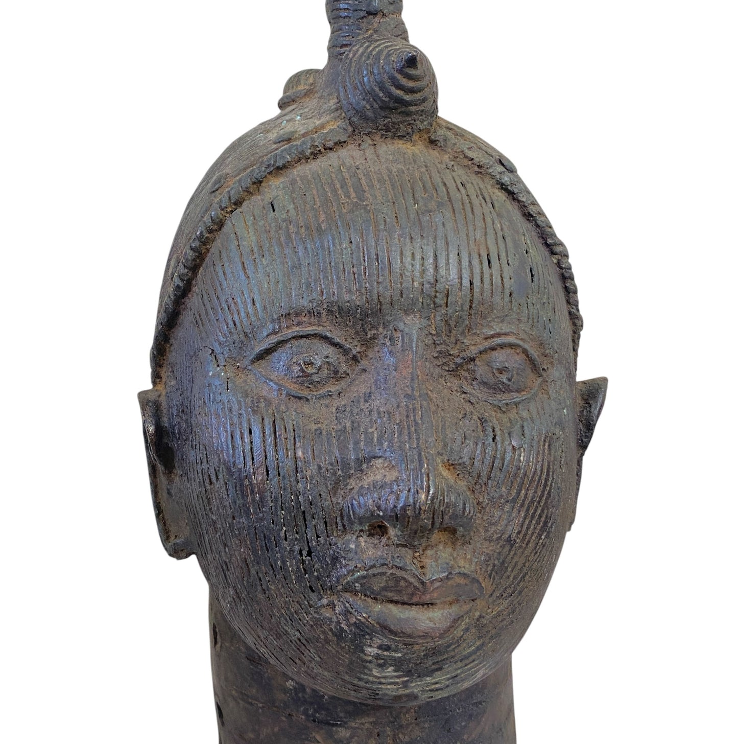 #4183 Superb Old LG  Benin Bronze  Head  of the Queen Mother Iyobas Nigeria African 17" H