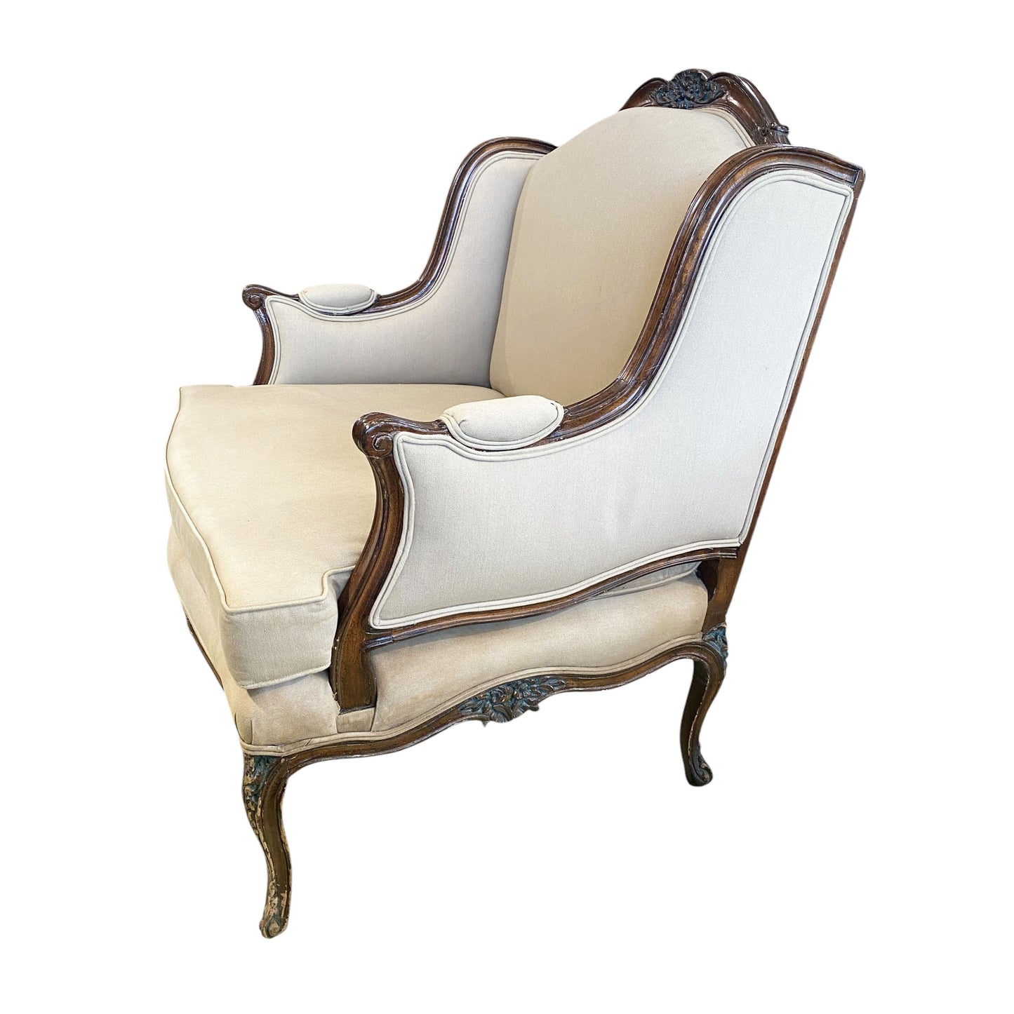#6607 Vintage French Country Louis XV Style Carved Walnut  Bergere Lounge Chair