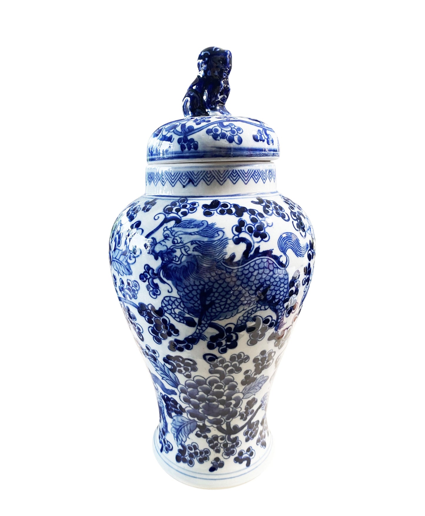 #6476 Chinoiserie Blue and White Porcelain Covered Jar 13" H