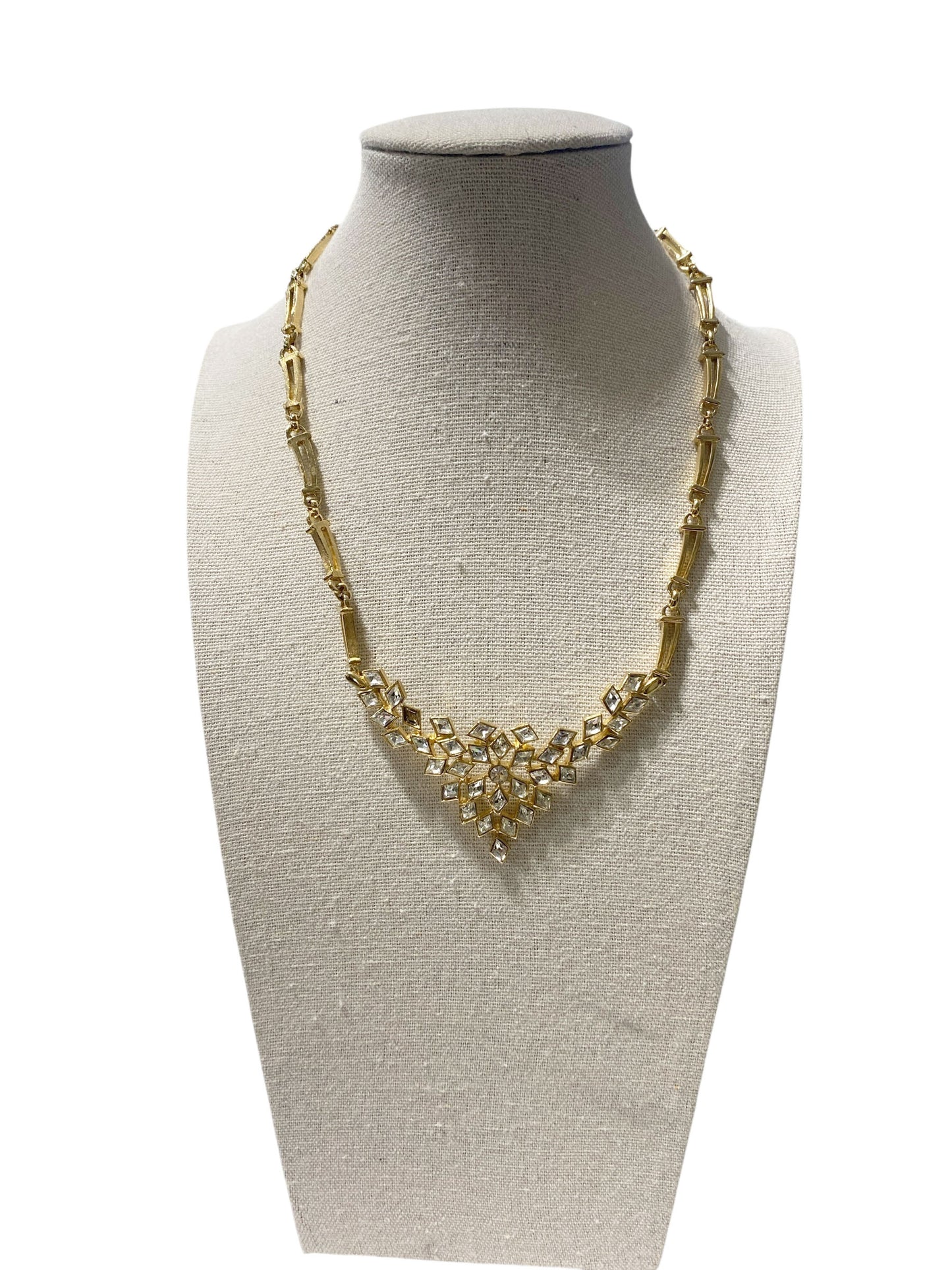 #23 Vintage Gold Tone Necklace with Faux  clear  Diamond Rhinestones