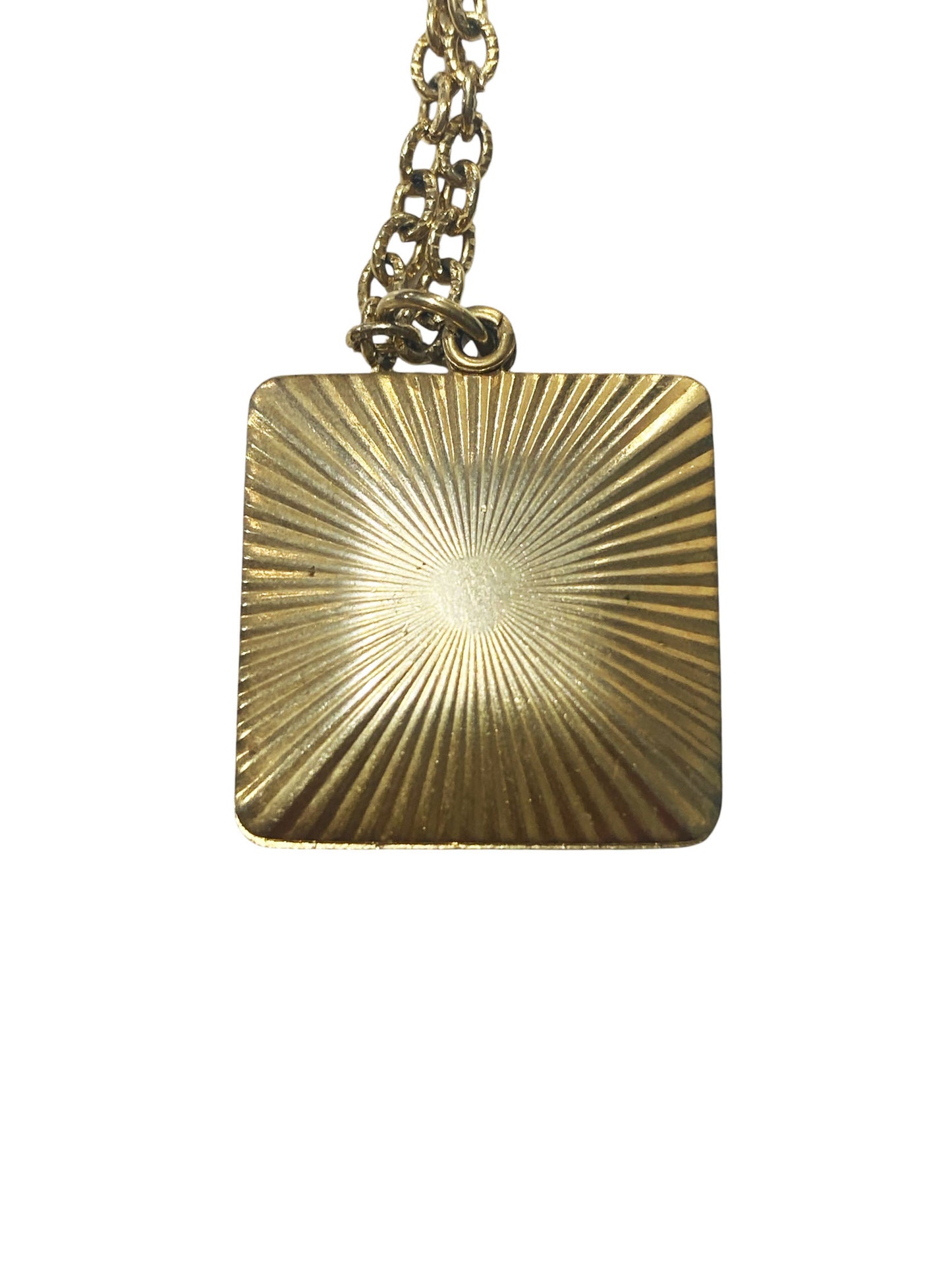 #88 Vintage Gold Tone Square Pendant  and Chain  With Flower