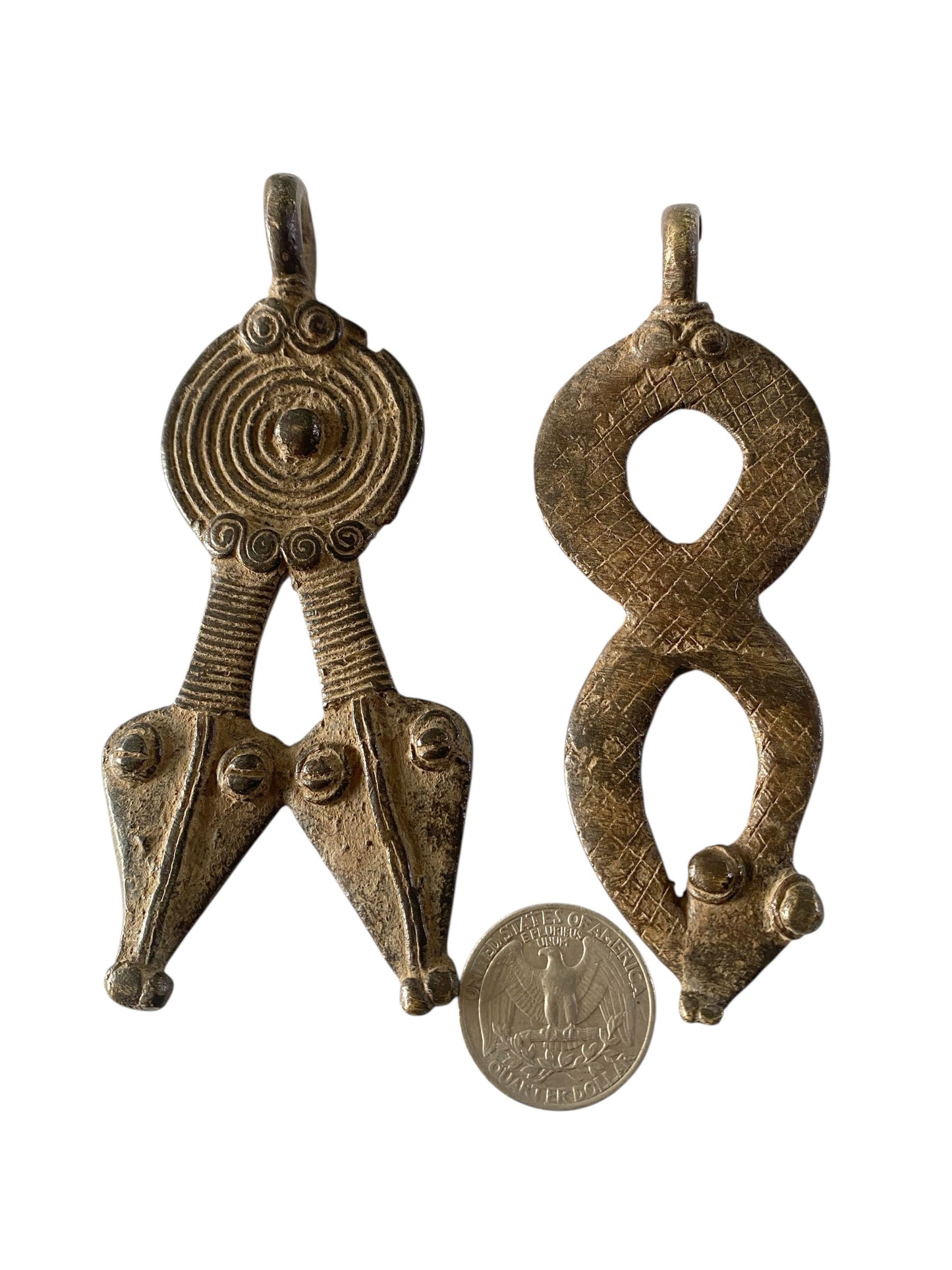 #1185 Vtg  Gan Bronze Amulets Pendants/gold Weight /Ornate Serpents Burkina Faso S/2