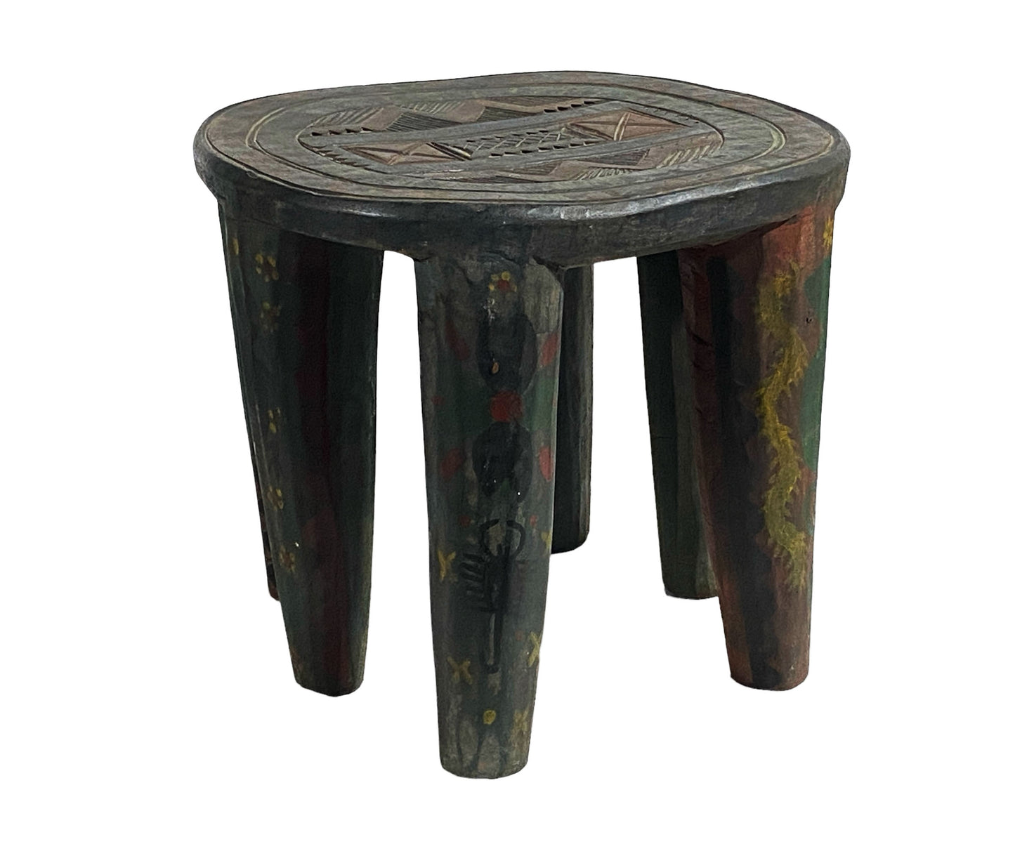 #5546 African LG Colorful  Nupe Stool / Table Nigeria  14" H by 18" W