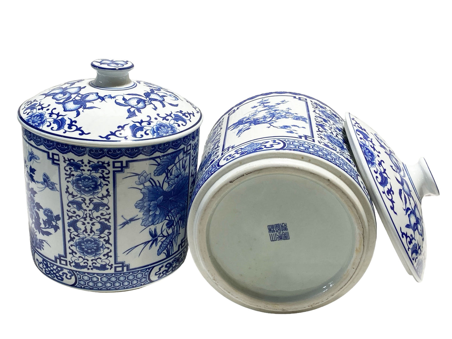 #7247 Large Chinoiserie Blue and White Ginger Jars Pair  12" H