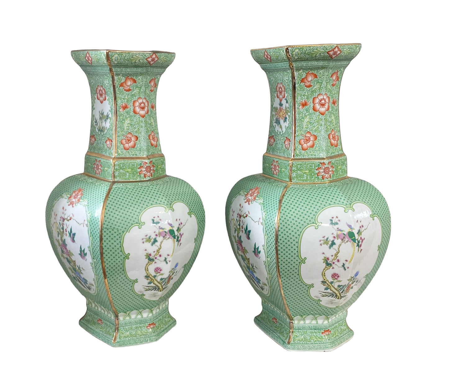 #7245 Chinoiserie Porcelain Famille Verte Style Vases 19.5" H Set Of Two