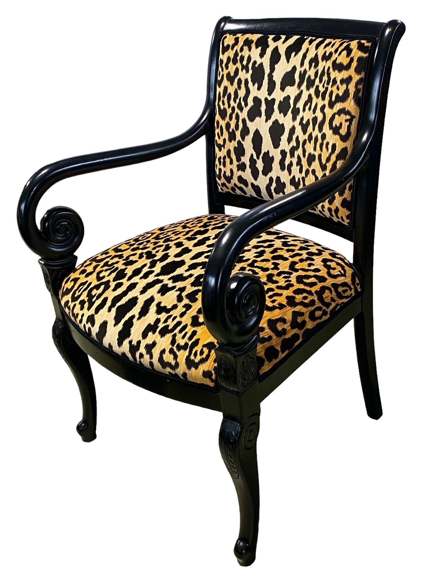 #6173 Vintage French Style Lacquer Wood Chair W/ animal Print  Fabric