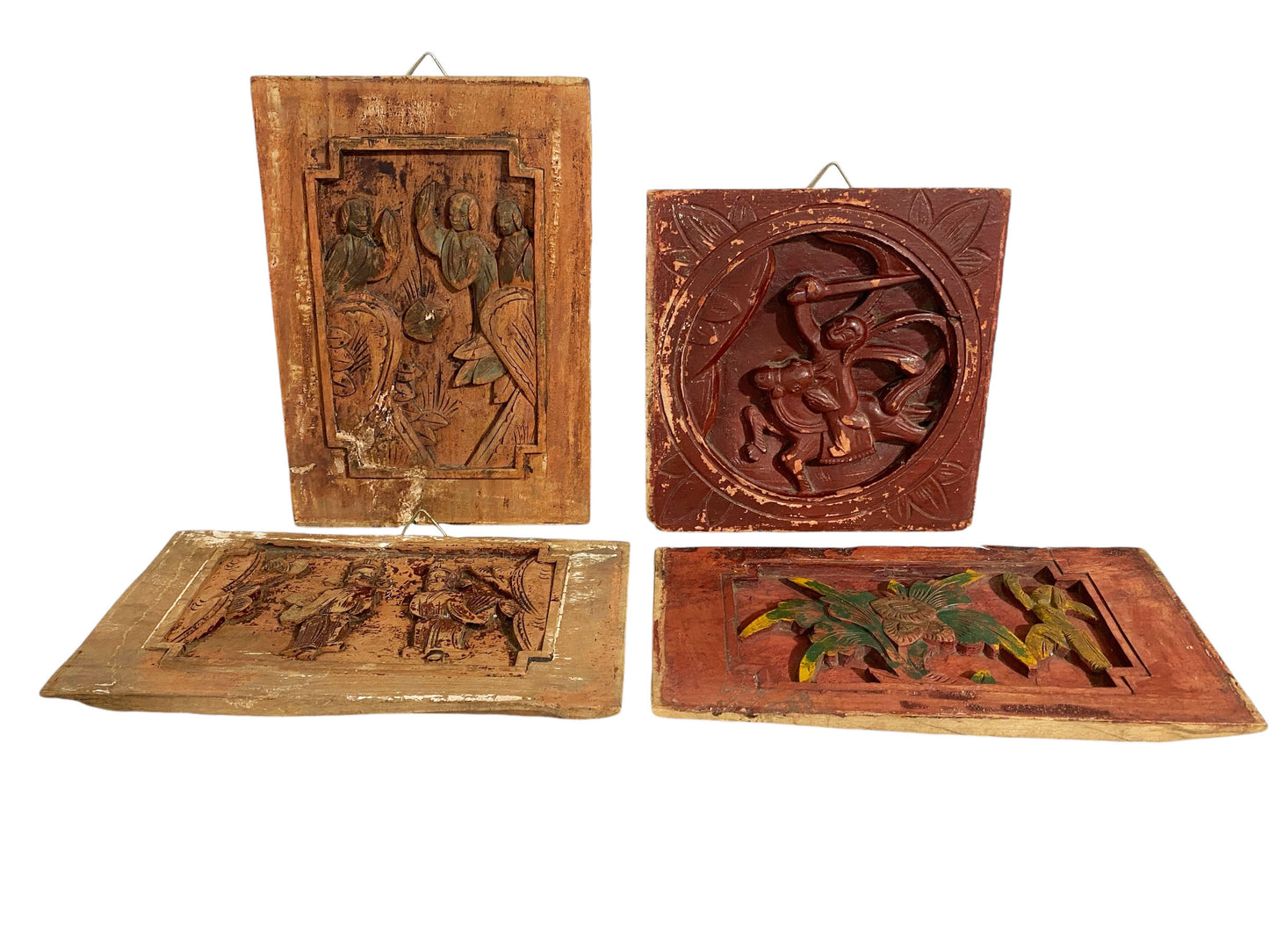 #570/68 Set of Four  Antique Chinese wall hanging Plaques Panels  /W Figures Warriors