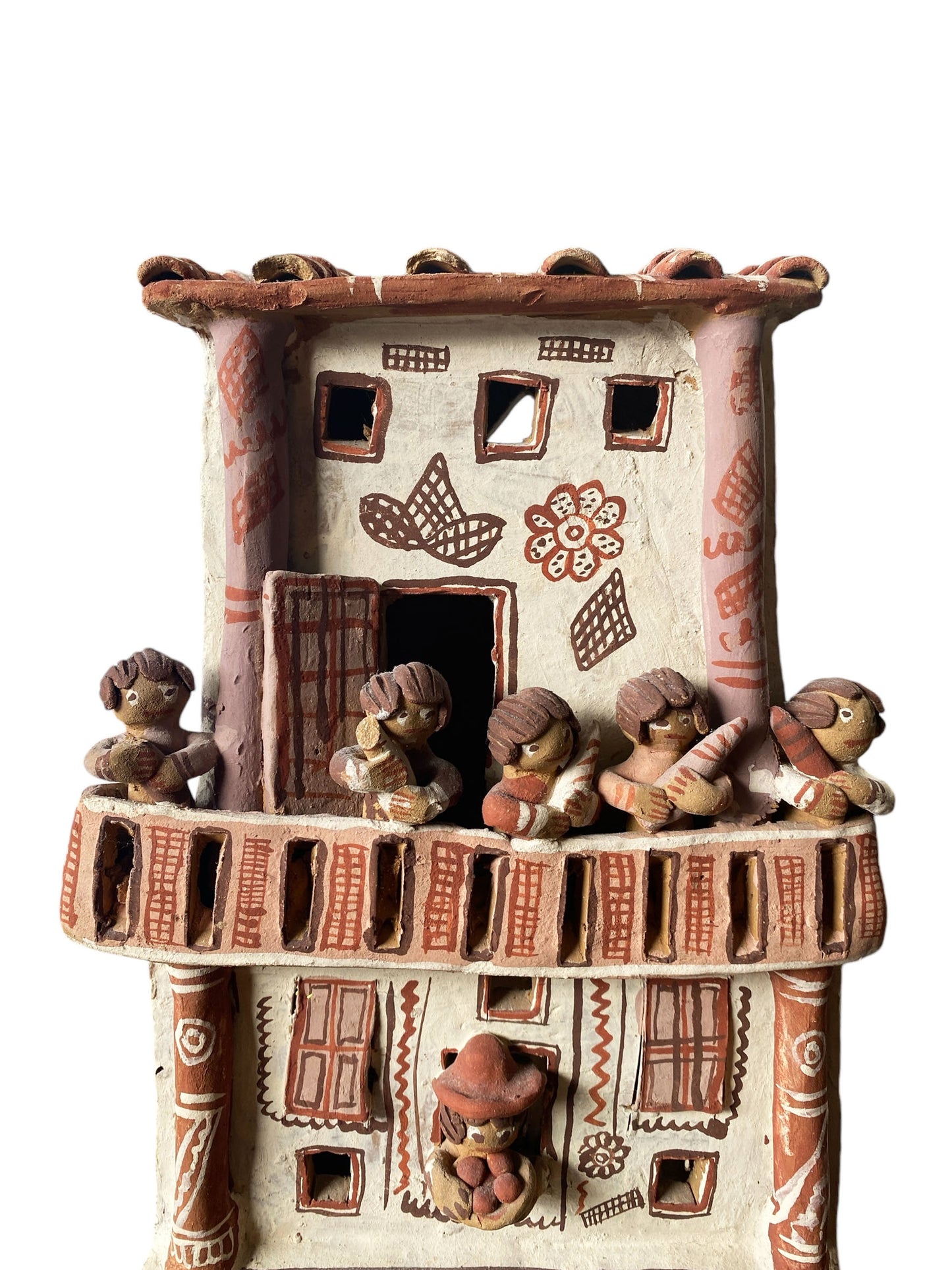 #6239 Vtg Peruvian Ayacucho Red Clay Terra Cotta Village House Building Peru Folk Art 17.5"H