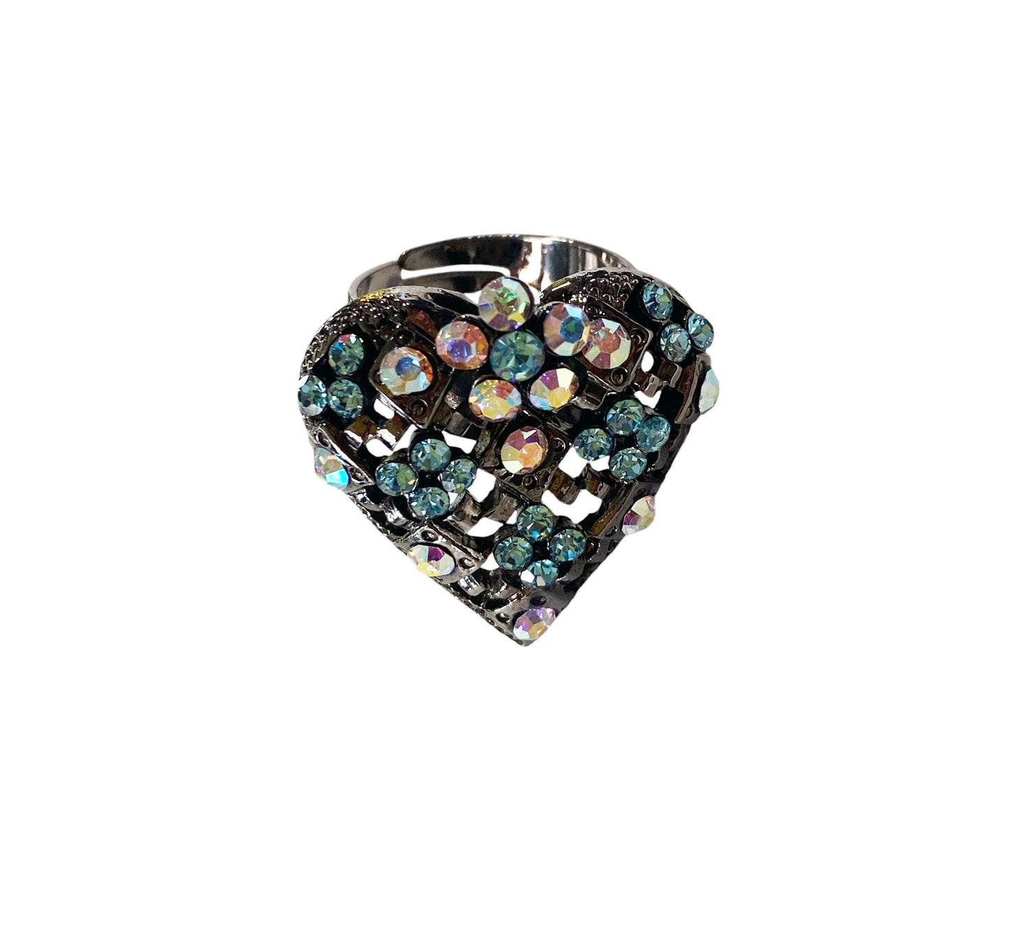 #6273 Vtg Resizable Heart Shape Ring w/Rhinestone Crystal  vibrant Aurora Borealis stones size 7.