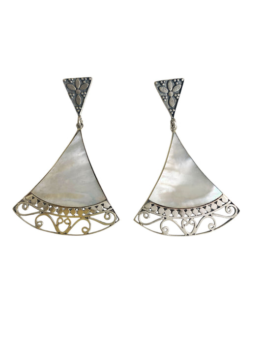 #6397 Vintage Art Deco Style Sterling Silver Fan Earrings