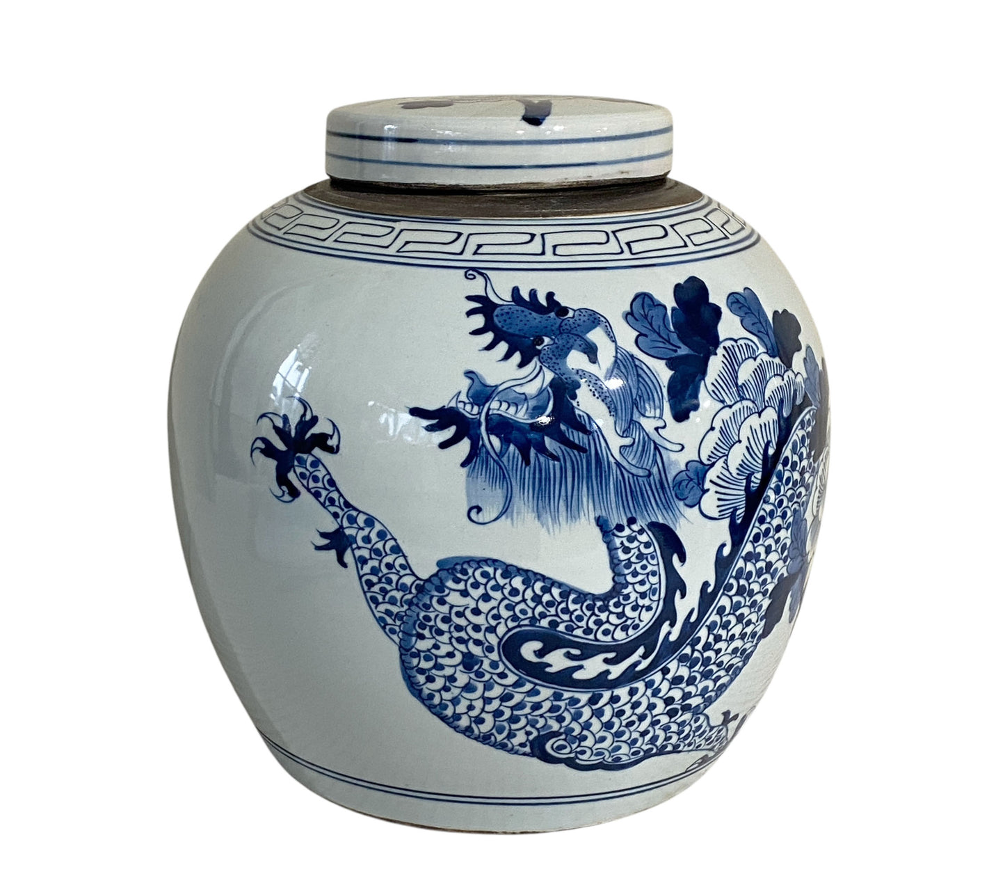 #3140 Chinoiserie B &W Porcelain Ginger Jar W/Dragon 12" H