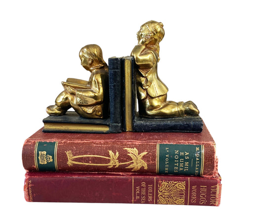 #7317 Vintage Chinoiserie Students Bookends 1939 Armor Bronze Original