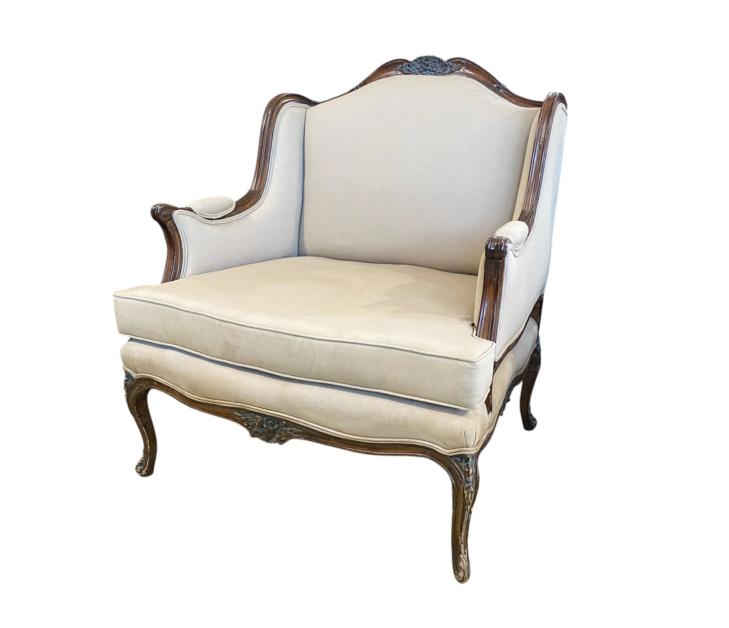 #6607 Vintage French Country Louis XV Style Carved Walnut  Bergere Lounge Chair